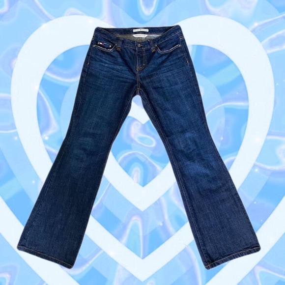 vintage Y2K Tommy Hilfiger Low Rise Flare dark wash jeans w blue rhinestone - Picture 1 of 4